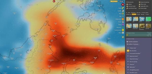 Map shows a high co<em></em>ncentration of sulfur dioxide moving towards Kalimantan and Sabah. Source: Windy.com